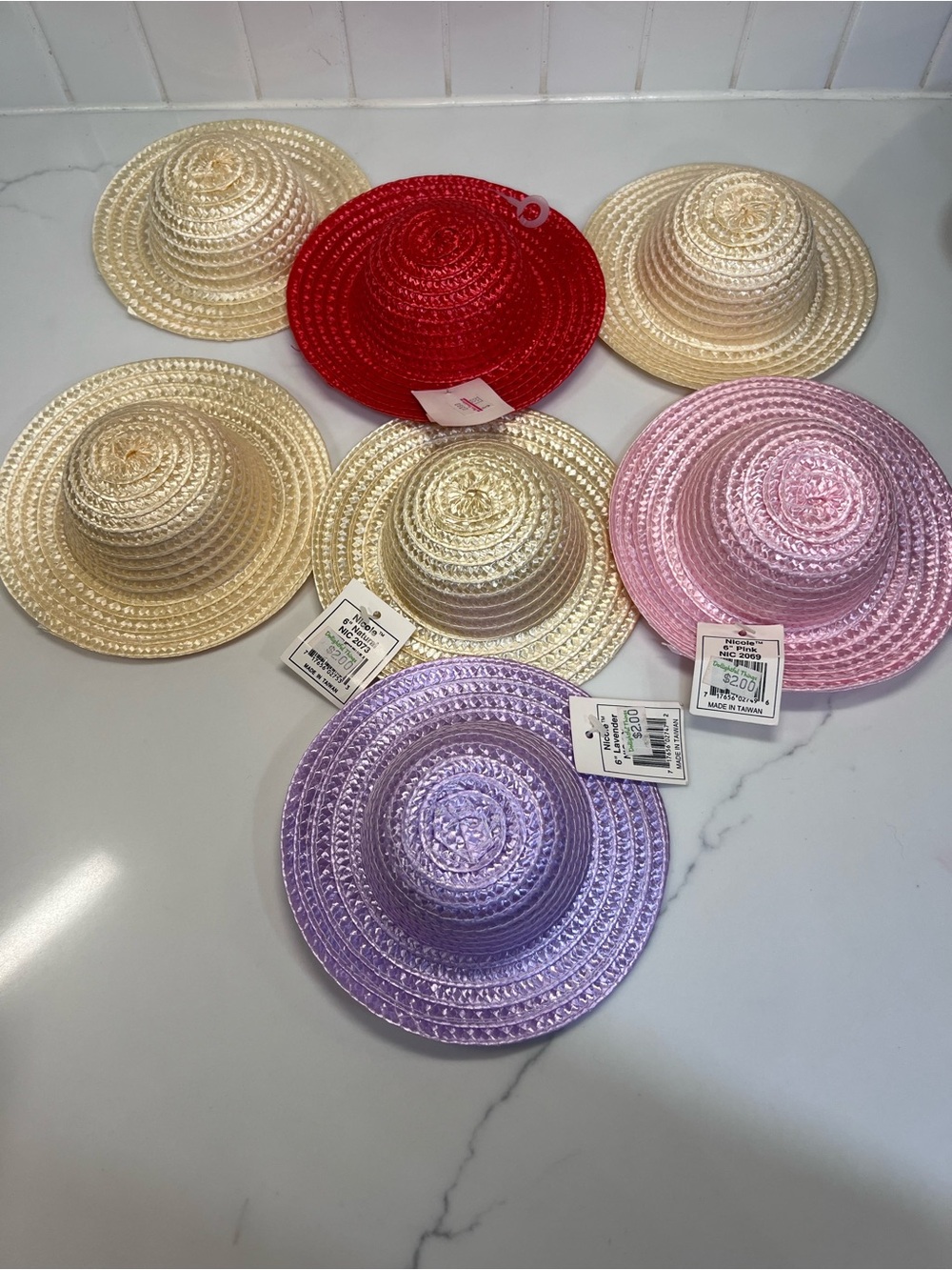 Miniature Doll Straw Hats Lot Of 7 Multicolored for Dolls or DIY Craft 6 In
